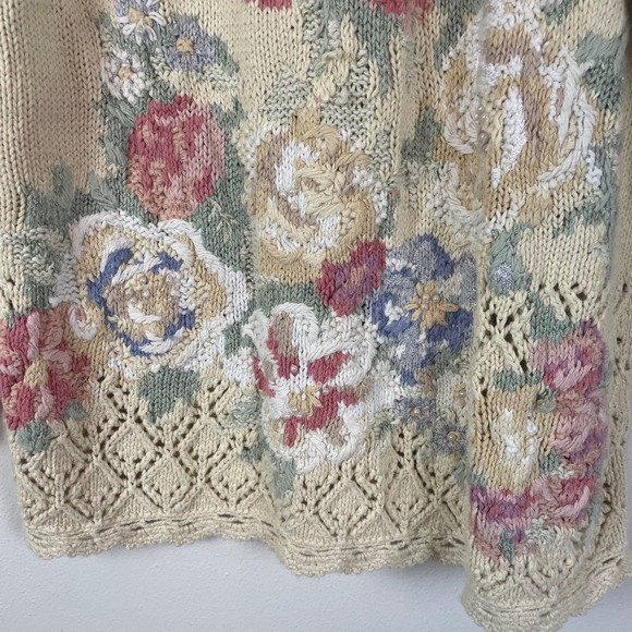 Vintage Casual Corner Floral Knit Sweater XL Cream Pearl Embellished Grandma - Picture 2 of 8